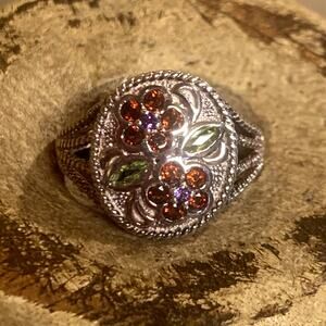 Sterling Silver, Amethyst, Peridot & Garnet Flower Ring Size 8
